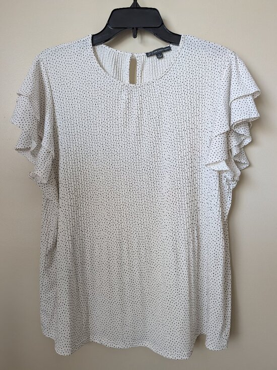 Adrianna Papell Tops - Adrianna Papell White Polka Dot Blouse Size L | Ruffle Sleeve Scoop Neck Top